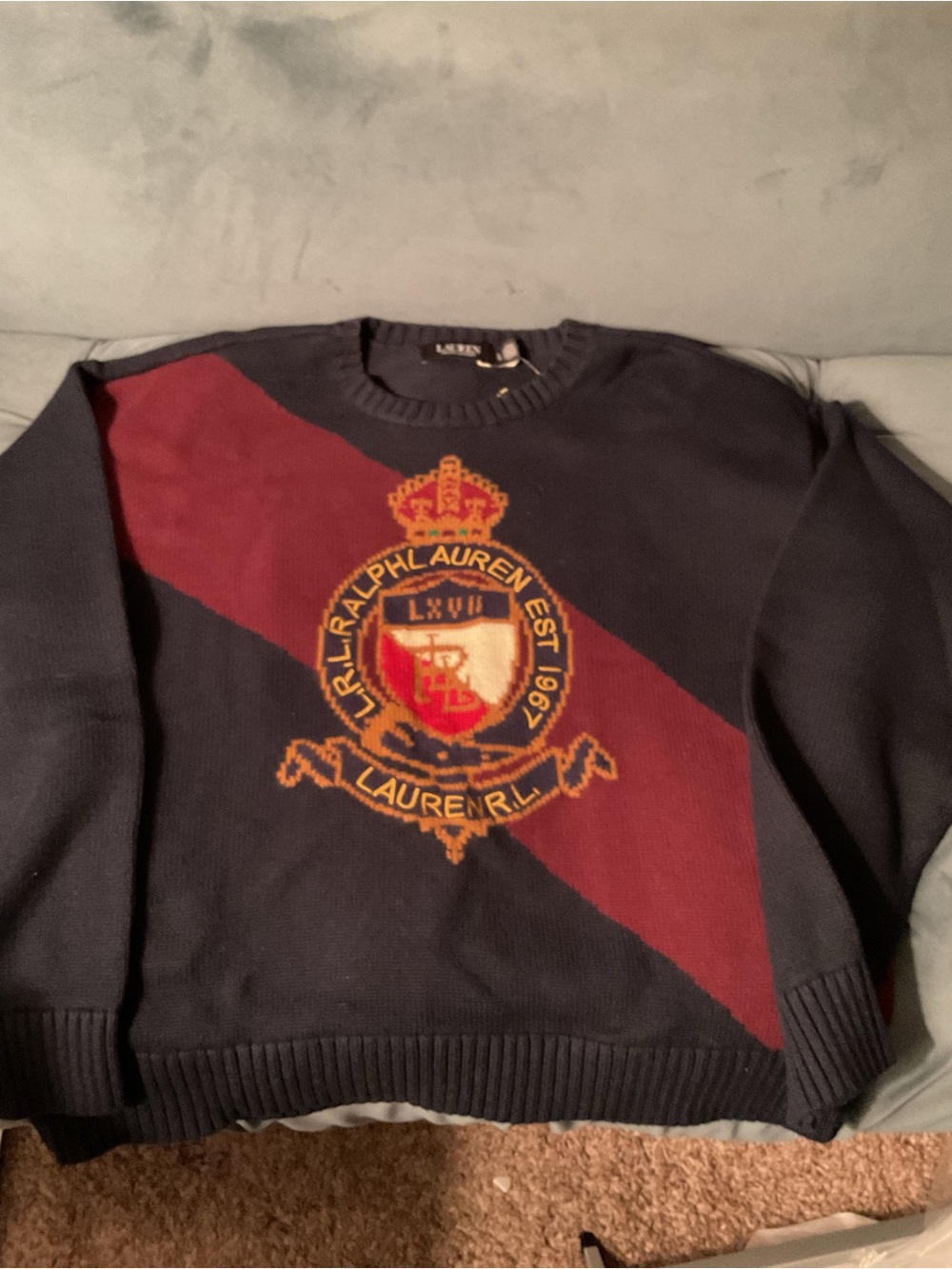Ralph Lauren Navy Crewneck Sweater with Burgundy Diagonal Stripe & Crest - Picture 11 of 13